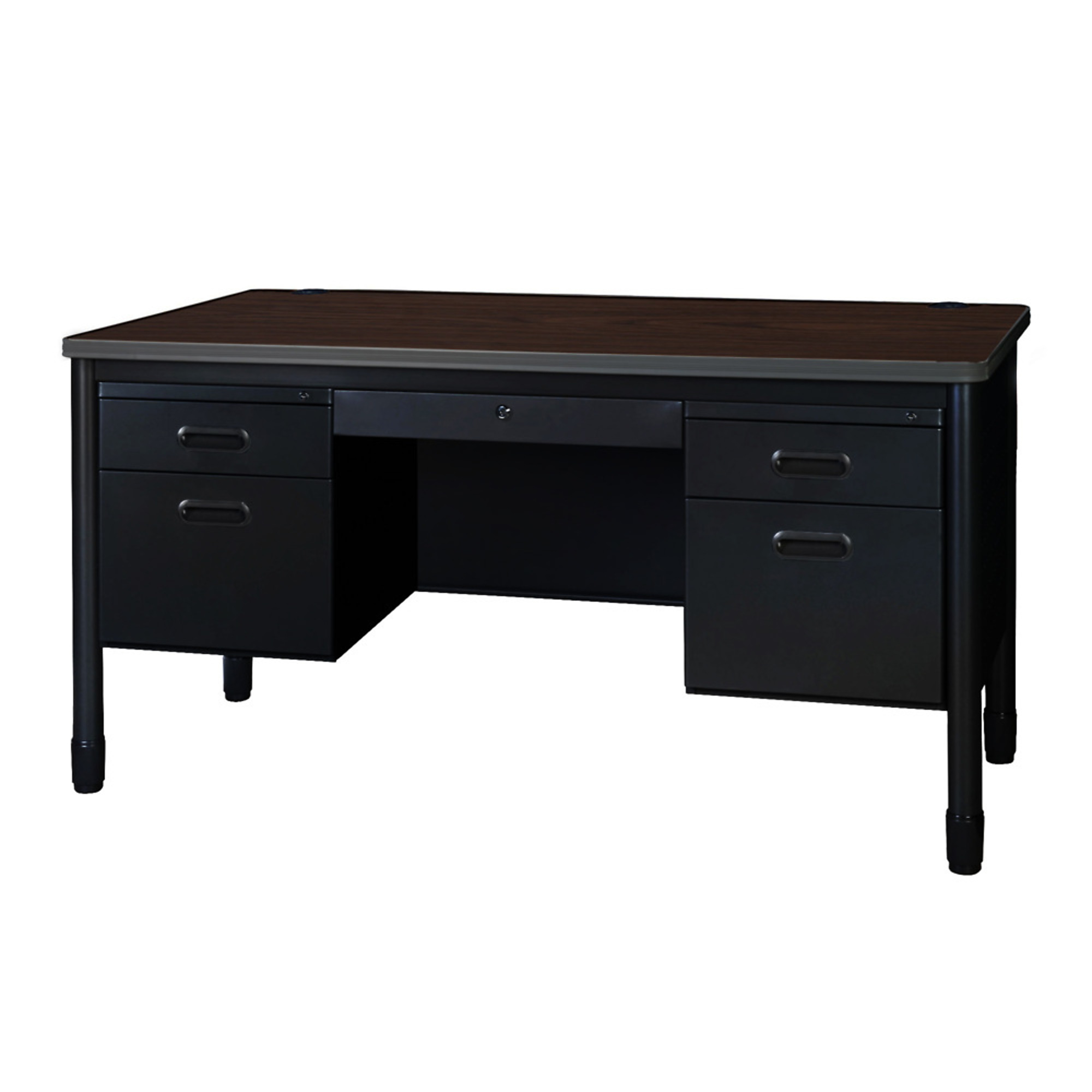 Regency Mesa Steel Double Pedestal Teacher's Office Desk — 60in. x 30in., Neo Walnut Top, Black Base, Locking Center Drawer, Model# 66266DPCDNWBK